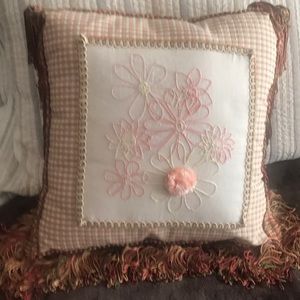 Handmade Pillow Fringed Embroidered Floral Pillow Square Pink